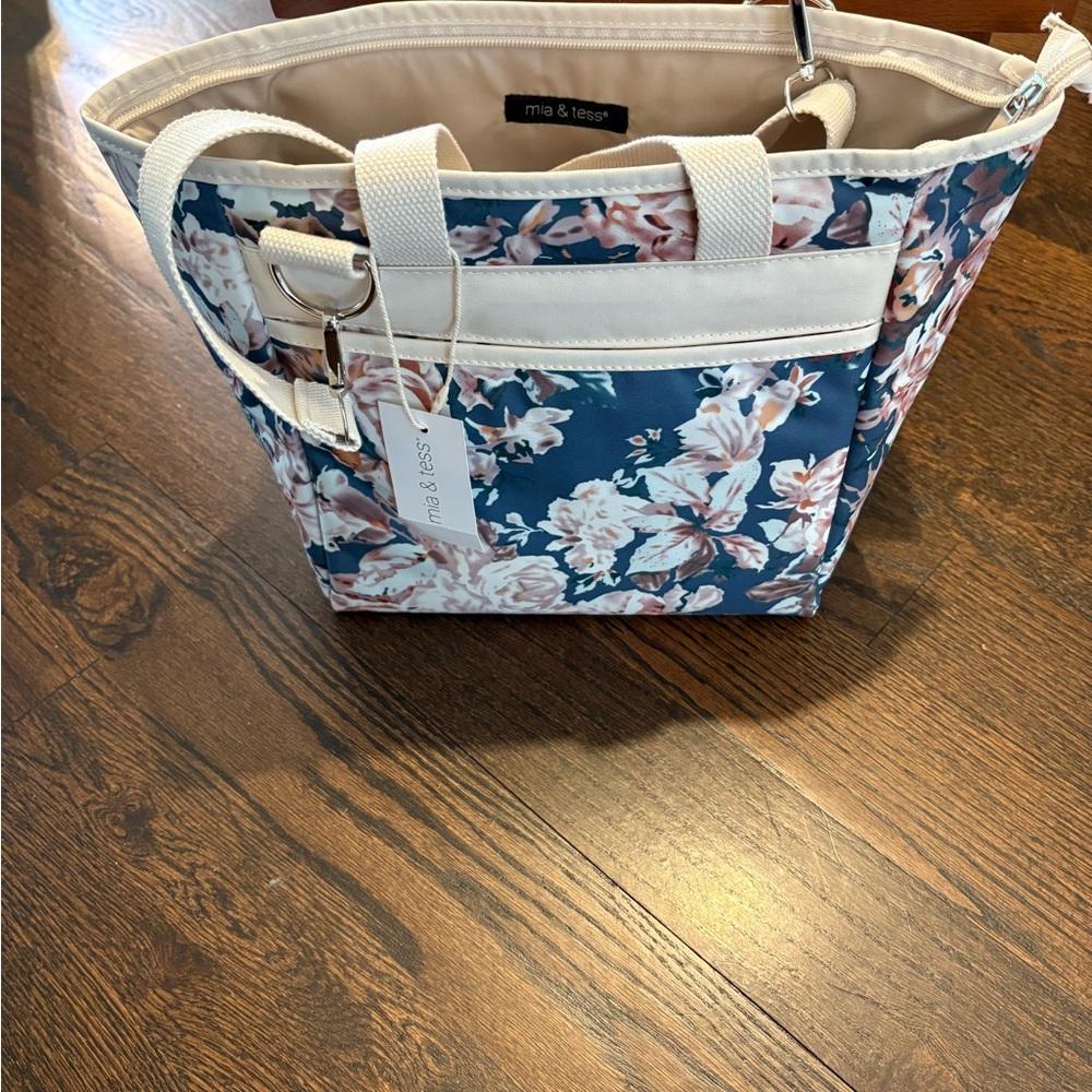 NWT Elegant Blue and Cream Floral Tote Bag